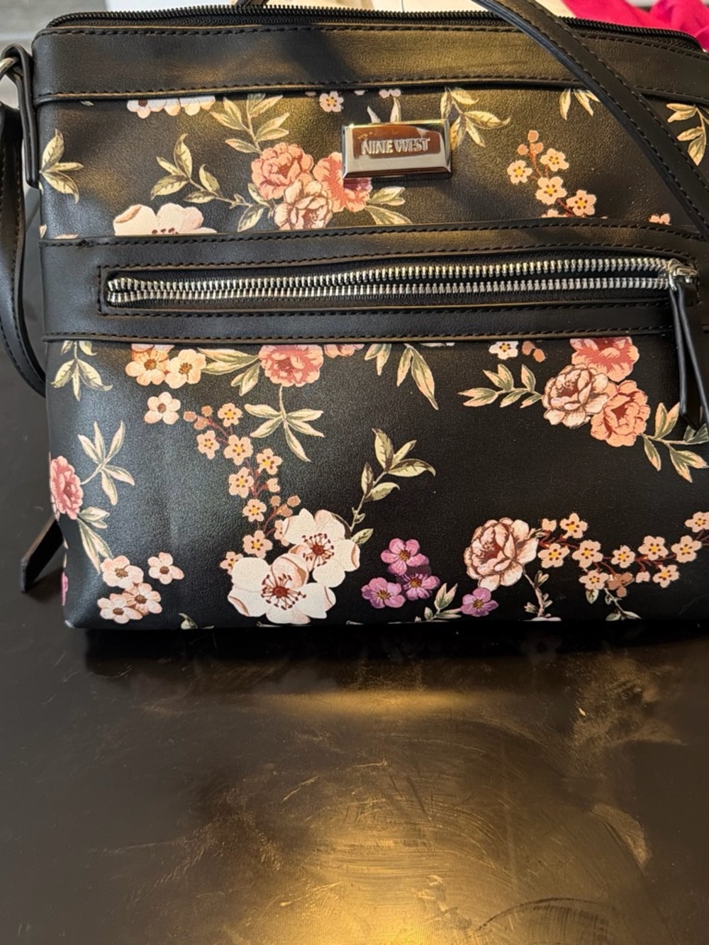 Nine West Black Floral Crossbody with Pink and Cream Blooms